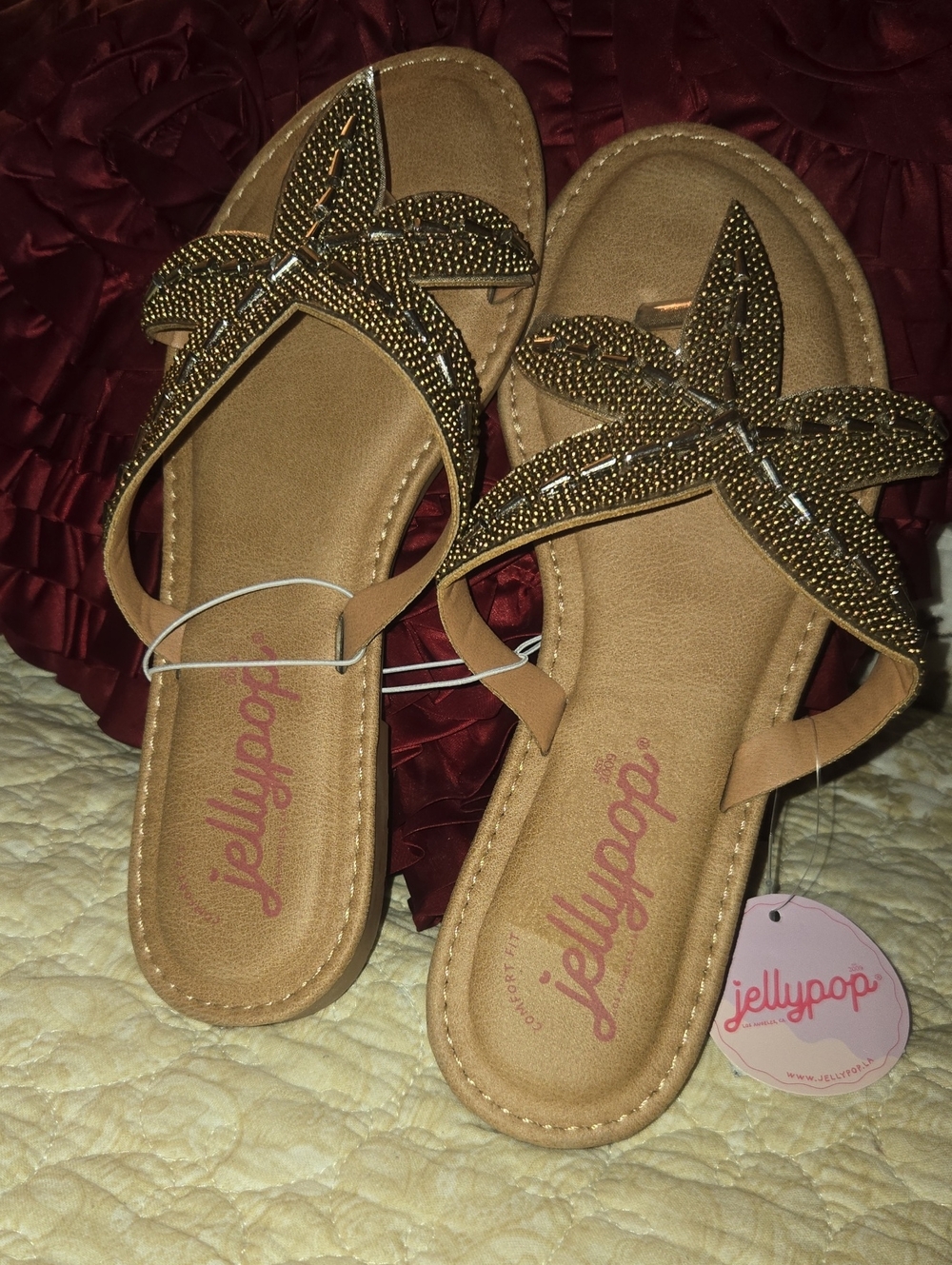 Jellypop Women's Tan With GOLD beads  Jeweled Starfish Slide Sandals